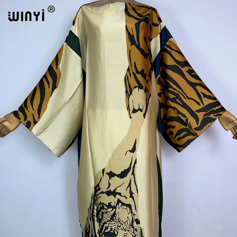 WINYI high-quality Women summer Tiger print Evening Party Beachwear Africa Lady kaftan sexy elegant holiday beach silk dress