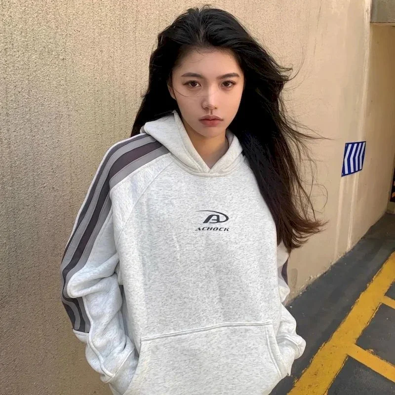 Y2K Streetwear Gray Oversized Hoodies Women Harajuku Vintage Patchwork Hooded Sweatshirts korean Casual Hip Hop Tops Kpop Grunge