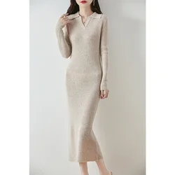 100% Wool Knitting Dresses Women 2024 Winter New Fashion Length-keen Warm&Best Quality Dress Female V-neck Clothing