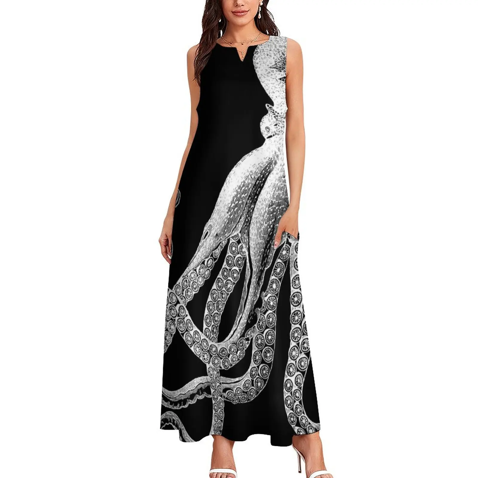 Octopus Vintage Octopus Tentacles Sea Creatures Nautical Ocean Sea Beach Black and White Long Dress Evening gown prom dresses