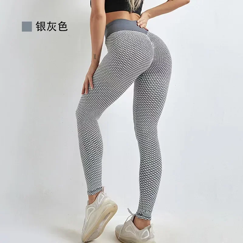 High Waisted Seersucker Yoga Leggings for Women Yoga Pants Sports Leggings Sportswear Stretchy Fitness Gym