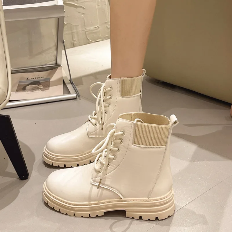 Botines de nieve de piel auténtica de vaca para mujer, botas con cordones y punta redonda, zapatos con suela de plataforma hechos a mano, otoño e invierno, 2024