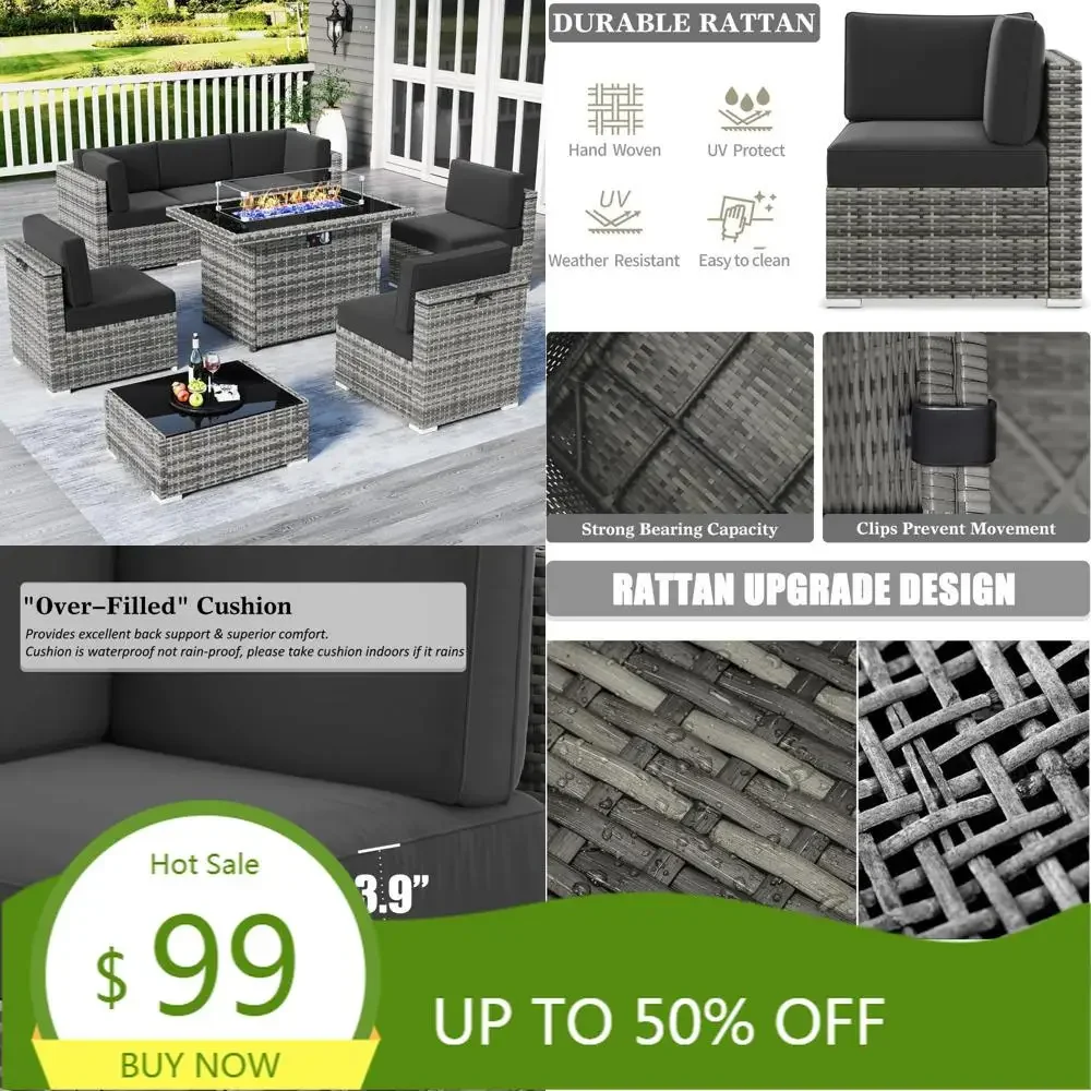 

8-piece outdoor patio furniture set with fire pit and wicker rattan sectional sofa conversation area