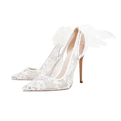 Spring and summer new pointed shallow lace mesh butterfly wedding shoes thin high-heeled banquet dress large-size women's sandal