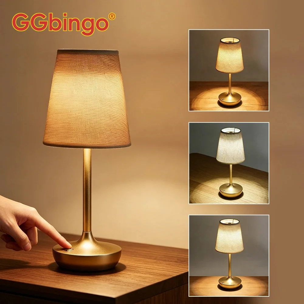 GGbingo Wiederaufladbare LED-Tischlampen Klassische Lampe 3 Farben Dimmbar USB Stofflampenschirm Schlafzimmer Nachttischbeleuchtung Dekoration Metall-Design