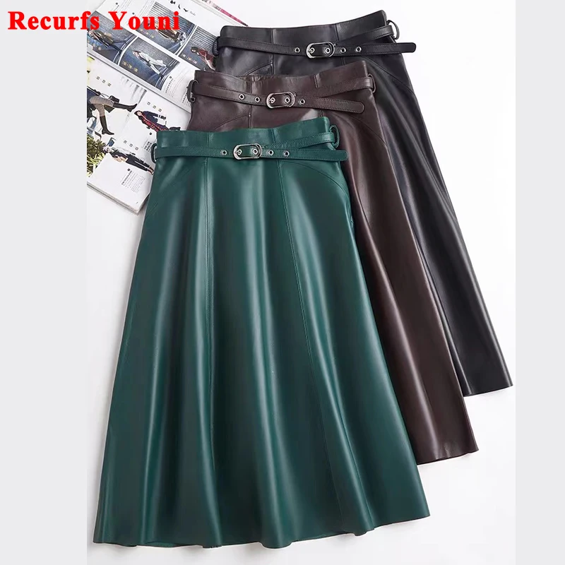 

2023 New Genuine Leather Skirt For Women Attractive Versatile Fit Belt Fluffy Umbrella Skirt Feminino Dark Green Long Jupe