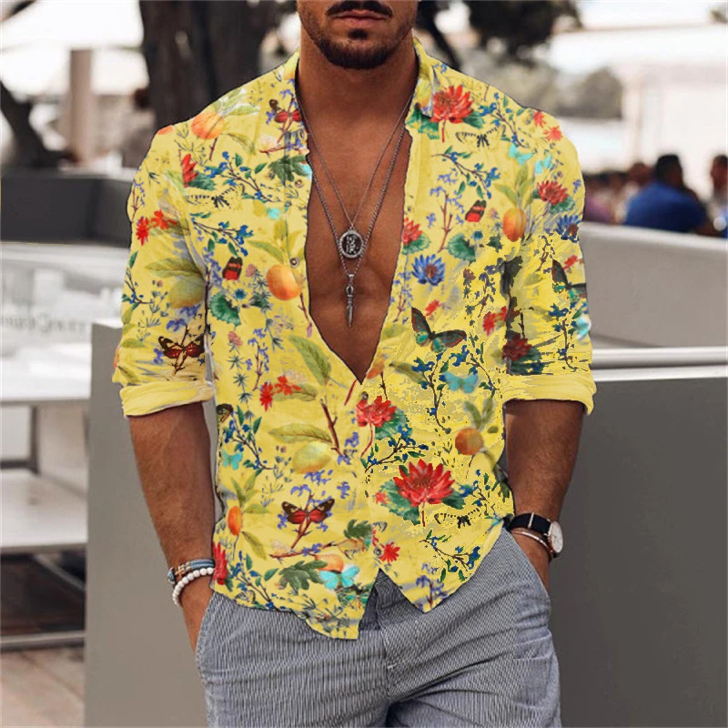 Men's Harajuku Butterfly Graphic Shirts New Flower 3D Printing Long Sleeve Trendy Loose Shirt Blouse Fashion Street Tops Homme