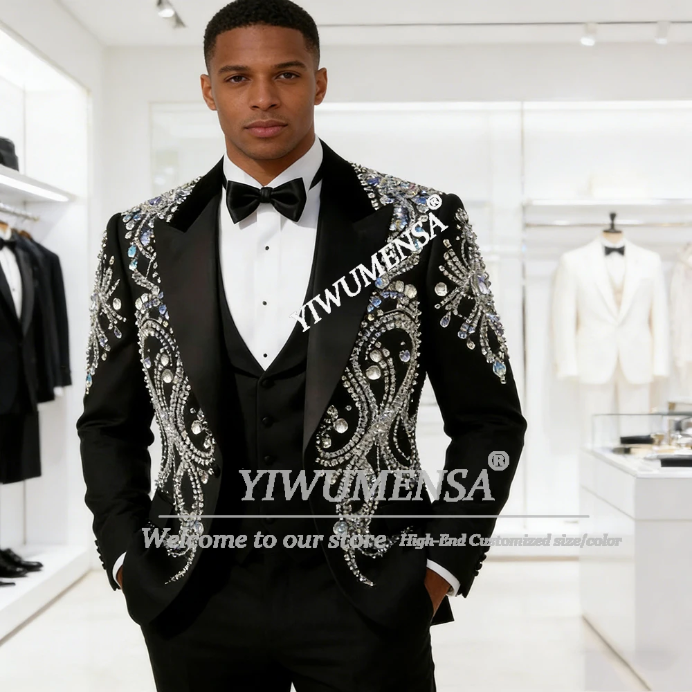 

Изысканный костюм с бисерной отделкой для свадьбы, комплект из 3 предметов: пиджак с острым лацканом, смокинг для выпускного вечера, мужской костюм для вечеринок, Ropa Hombre