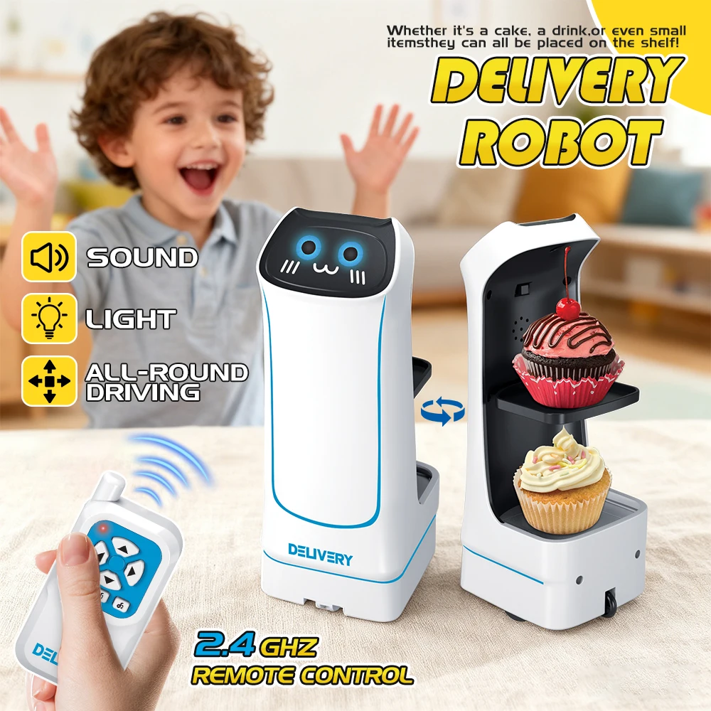 Giocattolo robot per la consegna di cibo RC 2.4G con luce e suono, set da cucina per giochi di finzione per bambini, regalo interattivo per Natale Capodanno