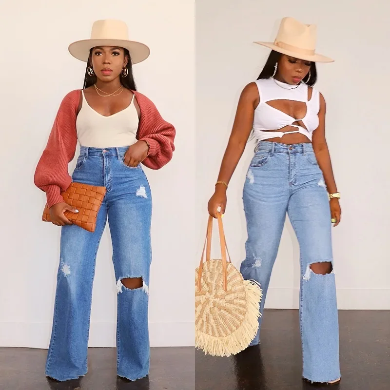 Women Jeans Ankle Length Holes Loose Flat Straight Pants Zipper Fly Pockets Solid Color High Street Slight Strech Denim