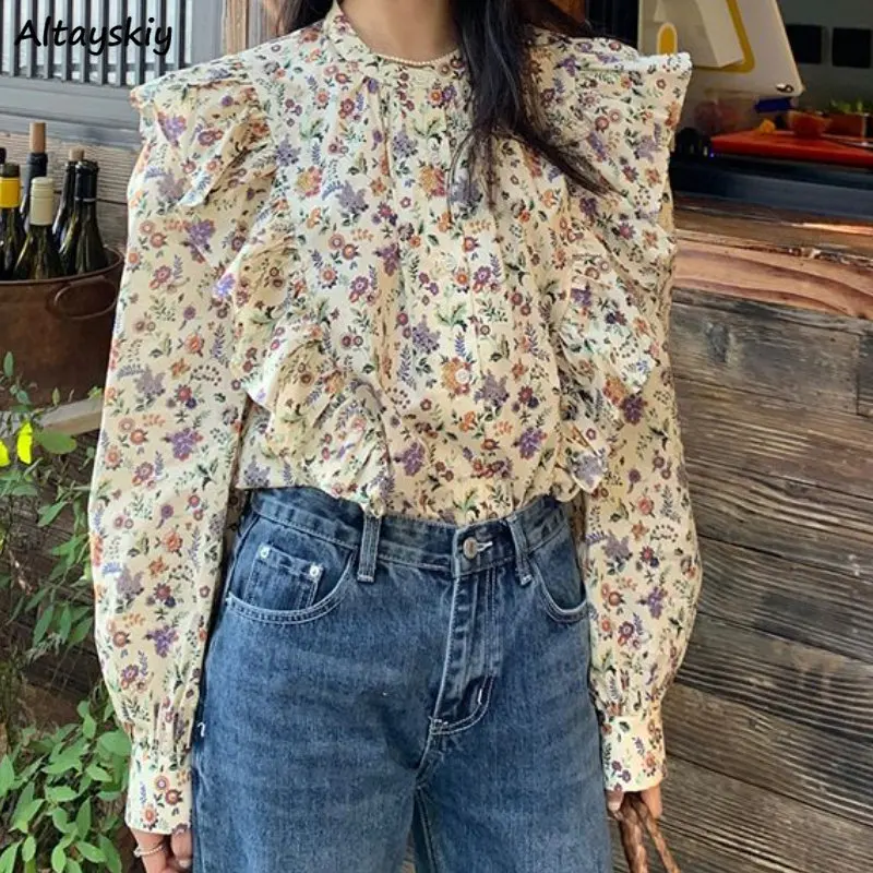 Floral Shirts Women Ruffles French Style Loose Casual Spring Simple Vintage Office Lady O-neck Fashion Chic Elegant All-match