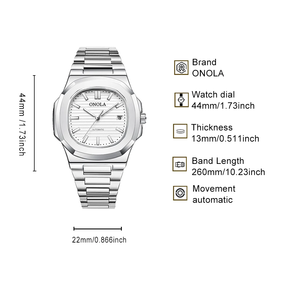 ONOLA Men's Mechanical Watch Octagonal Alloy Case Steel Belt Waterproof Luminous Calendar Texture Dial Business Occasion