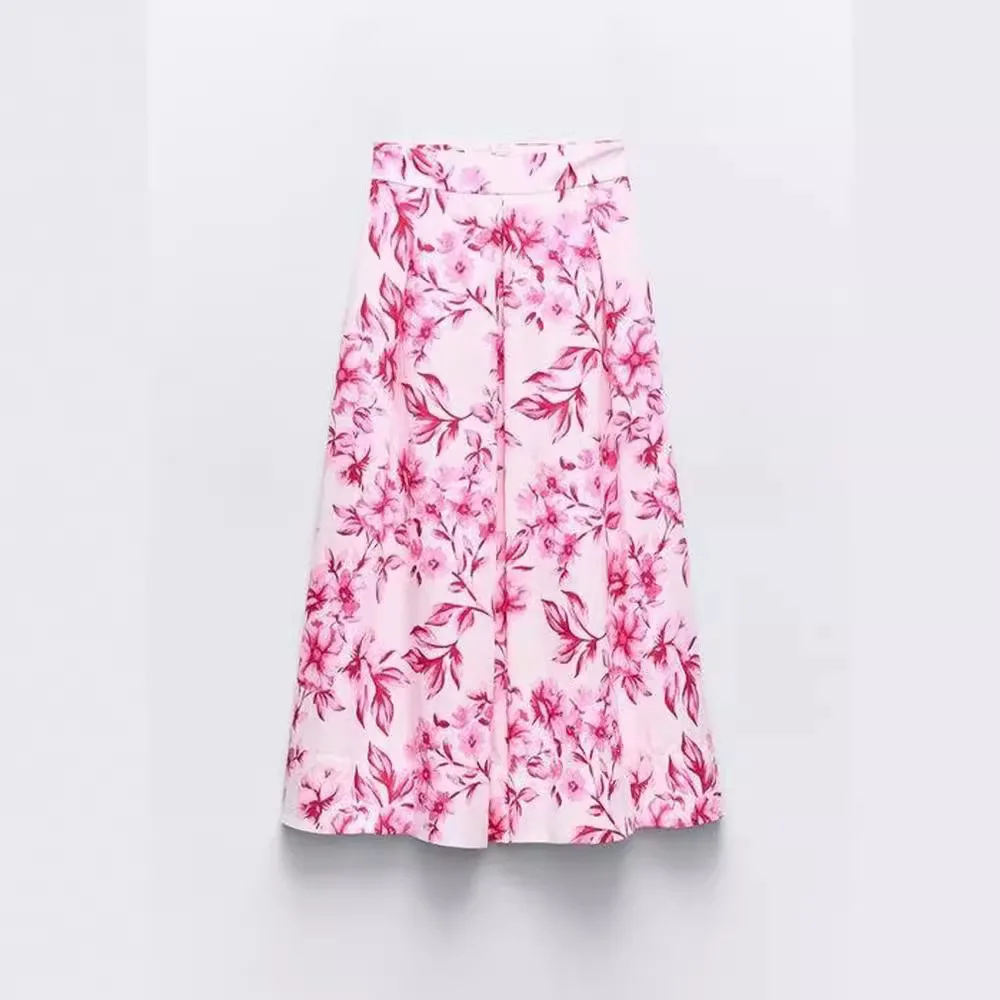 2024 Spring Women Pink Flower Print Vintage High-waisted Zipper Slim Dress