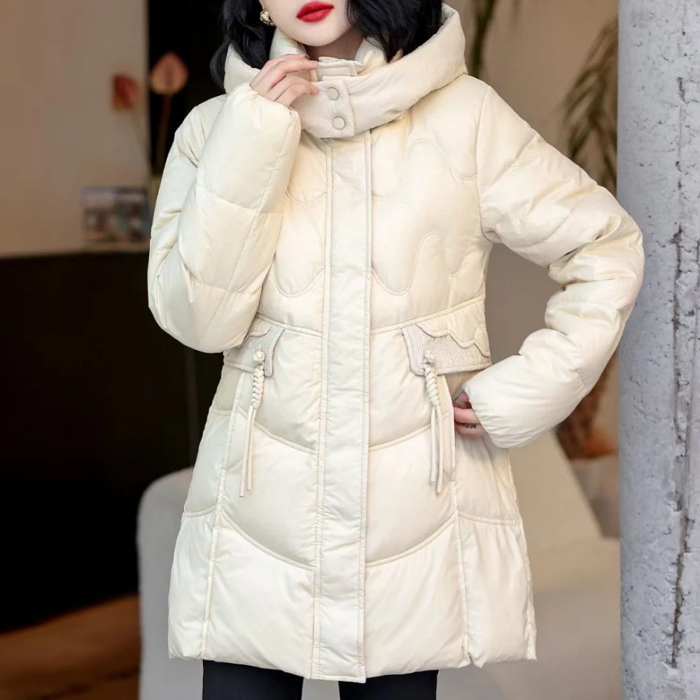 Women's Mid-length Hooded Down Jacket with Slim Disk Buckle, White Duck Down Coat, Light Warm Puffer Jacket, Winter Fashion