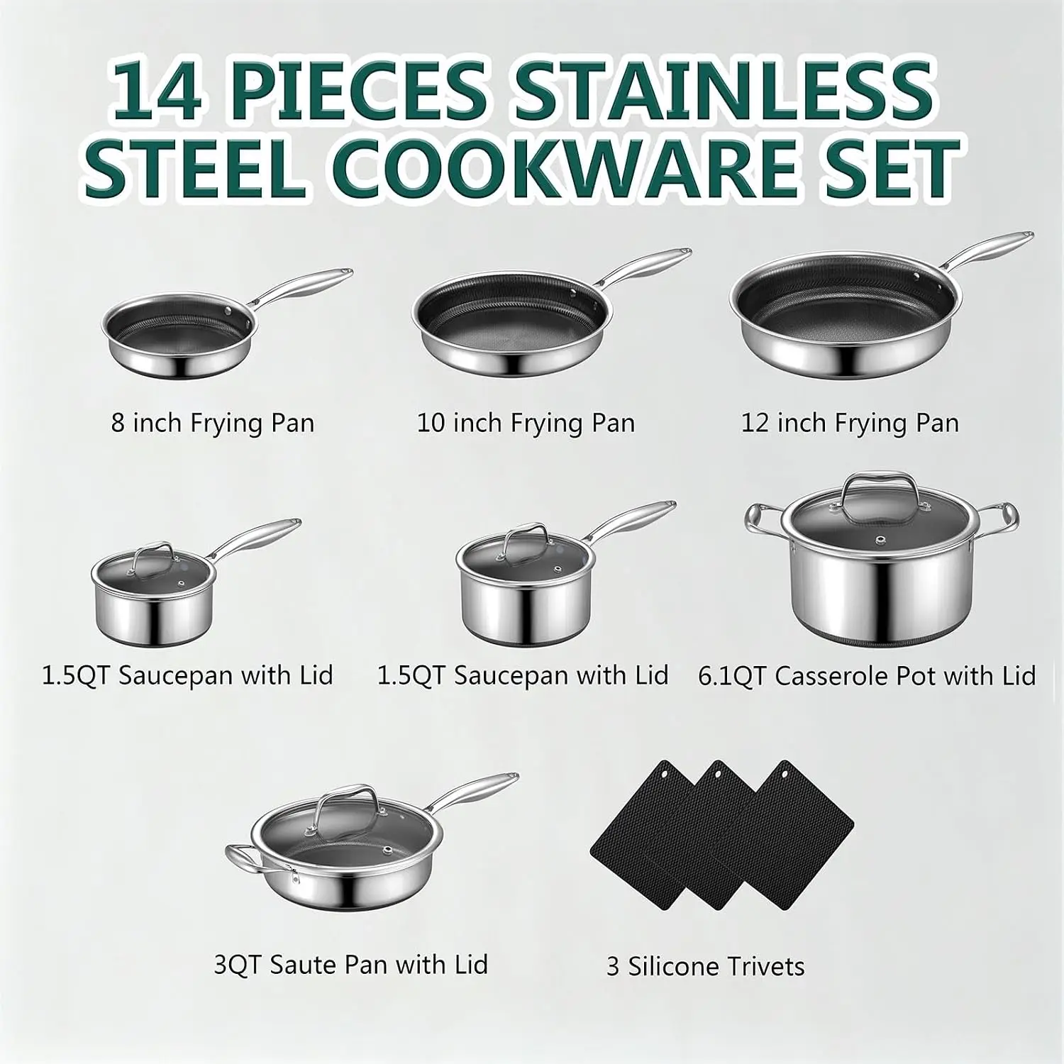 14-Piece Hybrid Stainless Steel Cookware Set with 3 Silicone Trivets | Heavy-Duty Pots and Pans Set, Induction Compatible