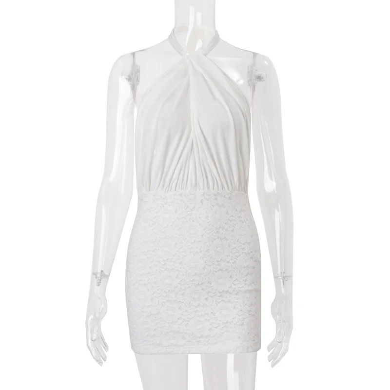 Minivestido ceñido con espalda descubierta y retazos de encaje para mujer, vestido Sexy con agujeros cruzados y cuello Halter con cordones, ropa ajustada fruncida para fiesta y discoteca