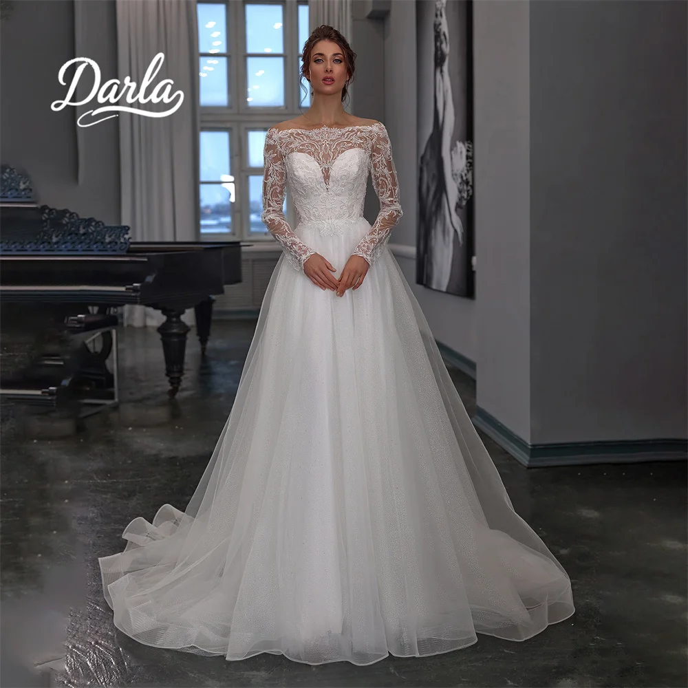 Darla Customized Boat Neck Lace Embroidery A-Line Tulle Wedding Dress Long Sleeve Appliques Sweep Train Floor Length Elegant