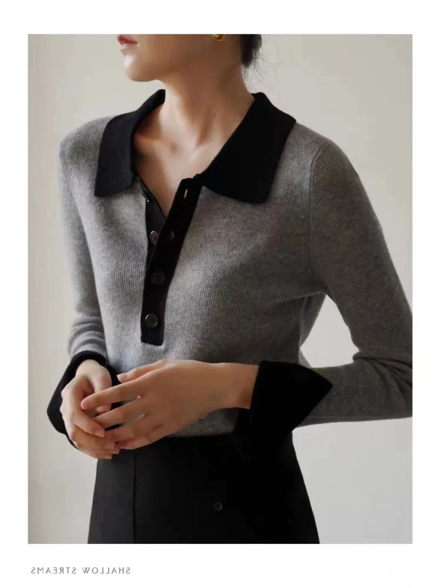 Temperament slim cashmere sweater women\'s POLO collar top fall new gray lapel knit bottom color sweater