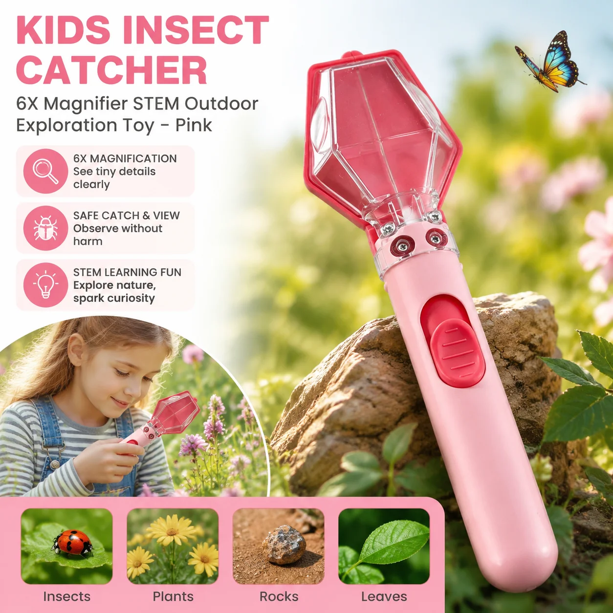 Insect Catcher Kit with 6X Magnifying Glass Transparent Observation Box Safe Rounded Design for Outdoor Nature Exploration
