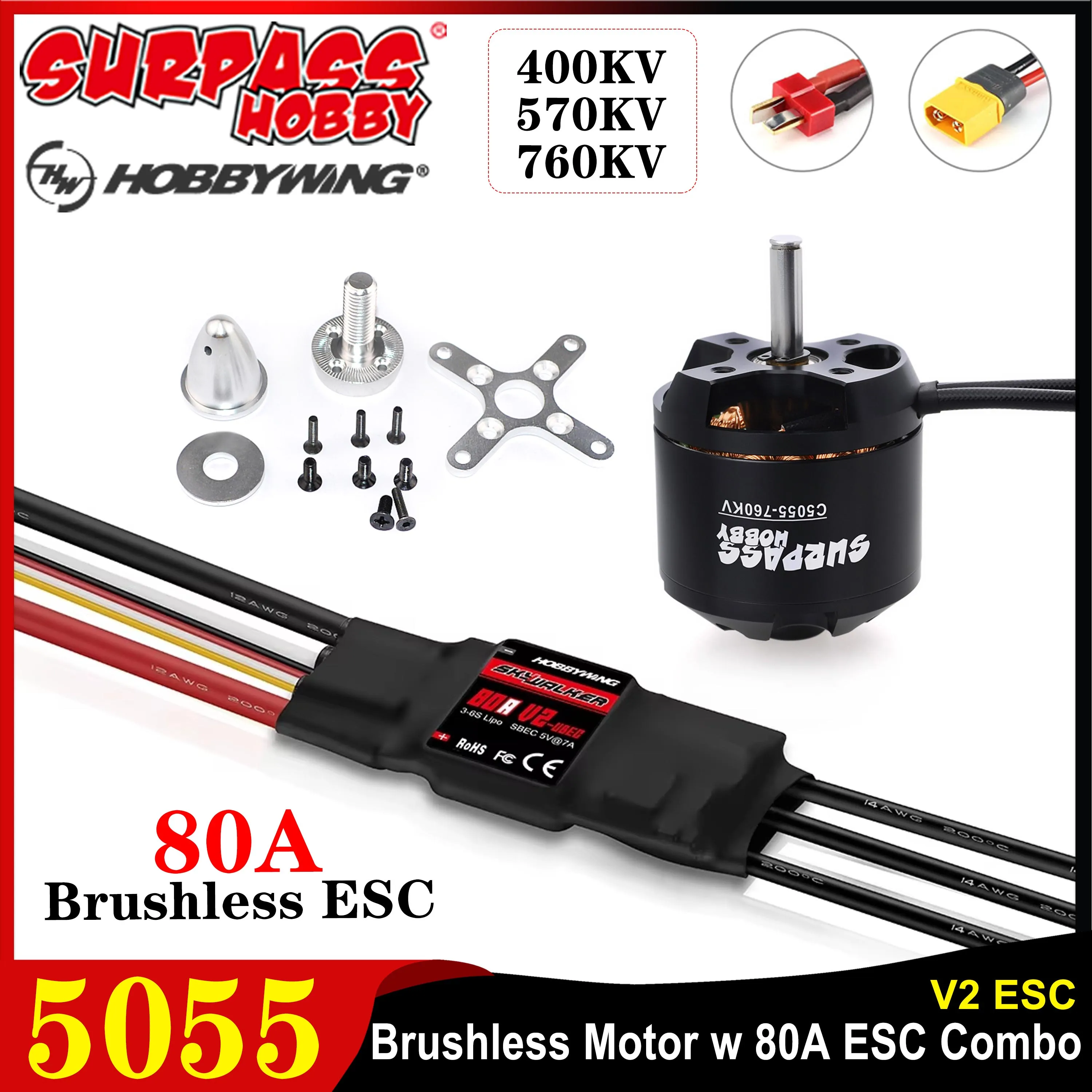 

Surpass Hobby C5055 400KV 570KV 760KV Brushless Motor Skywalker V2 80A ESC Combo for RC Fixed-wing Airplane Drone Multicopter