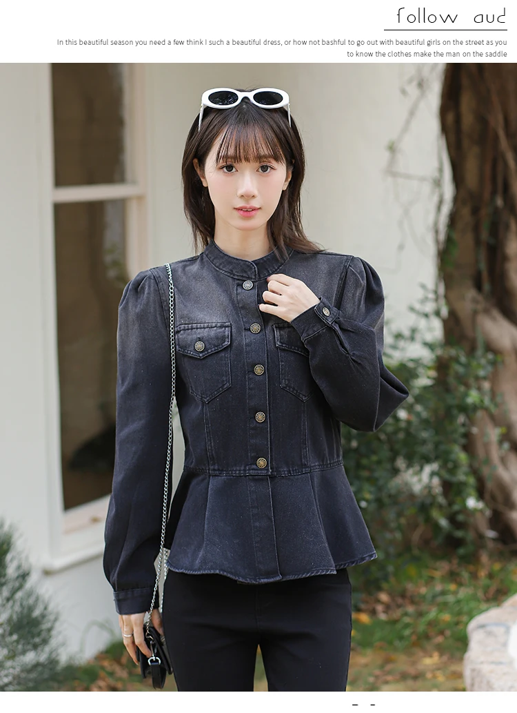 Women\'s Autumn Sprong New High Quality Elegant Female Office Ruffle Denim Jacket