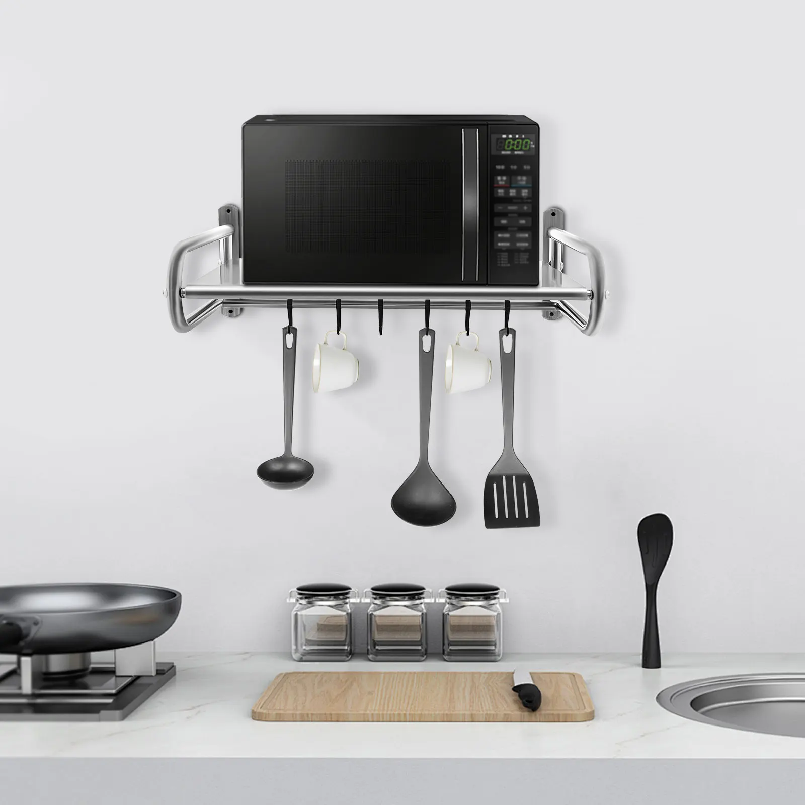

Wall Mount Microwave Oven Shelf Rack for Kitchen Home, Black Carbon Steel Counter Countertop Holder with Hook Rail and 6 Hooks