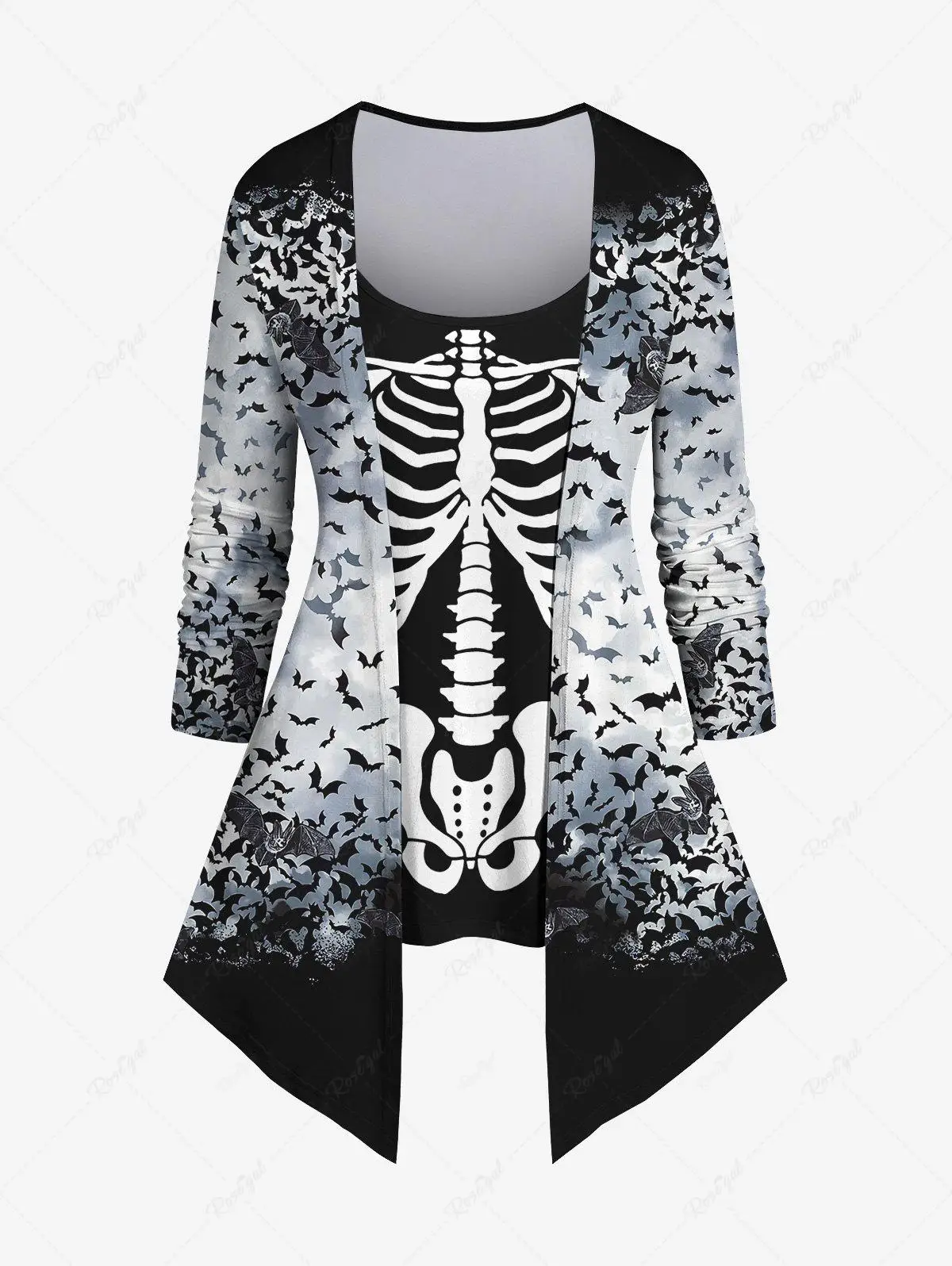 Plus Size Women's Skeleton Colorblock Bat Printed High Stretch 2 In 1 T-shirt Or Flare Pants New Halloween Daily Casual Set