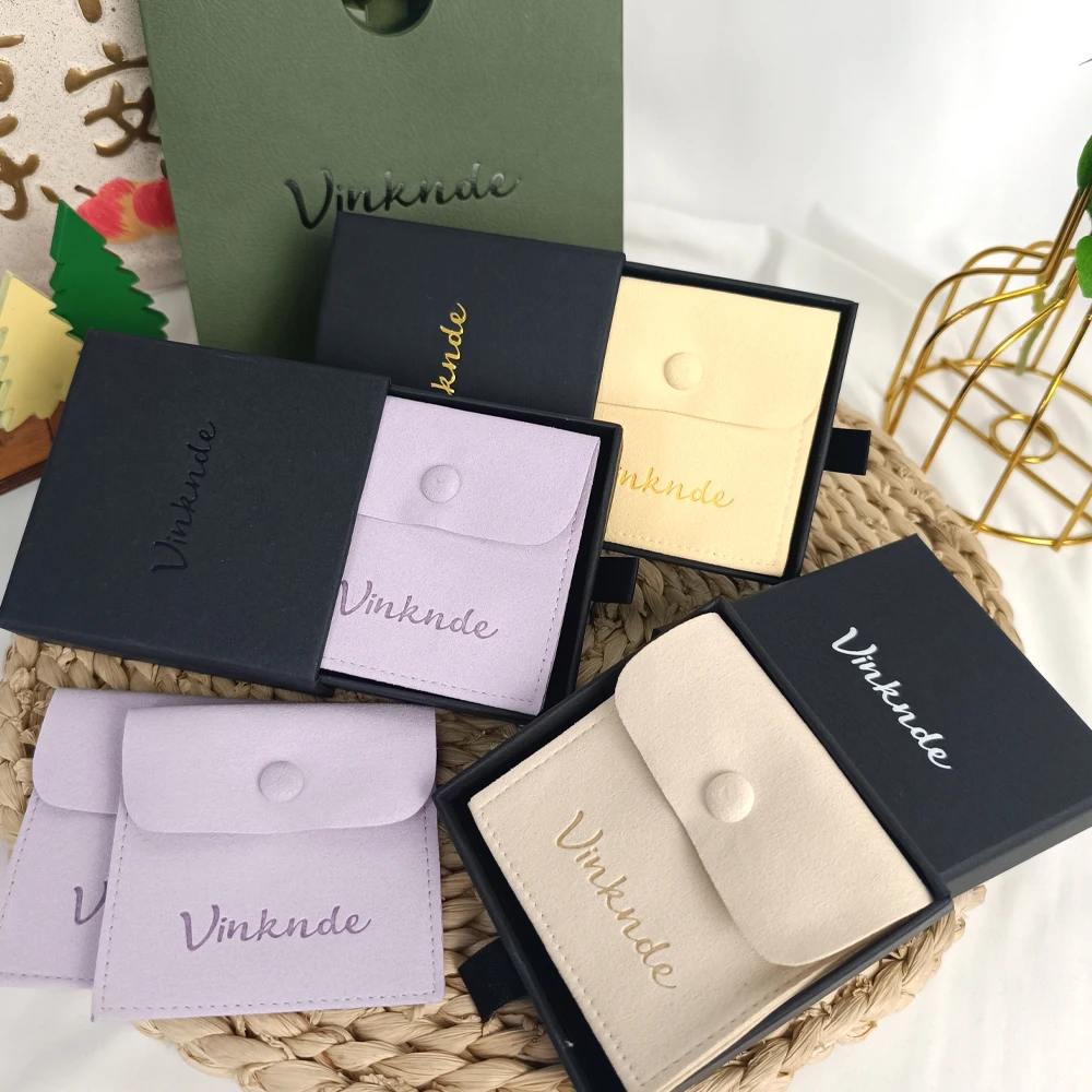 

Personalized Drawer Gift Box with Microfiber Snap Bag Custom Logo Wedding Pendant Necklace Earrings Jewelry Storage Sack Case