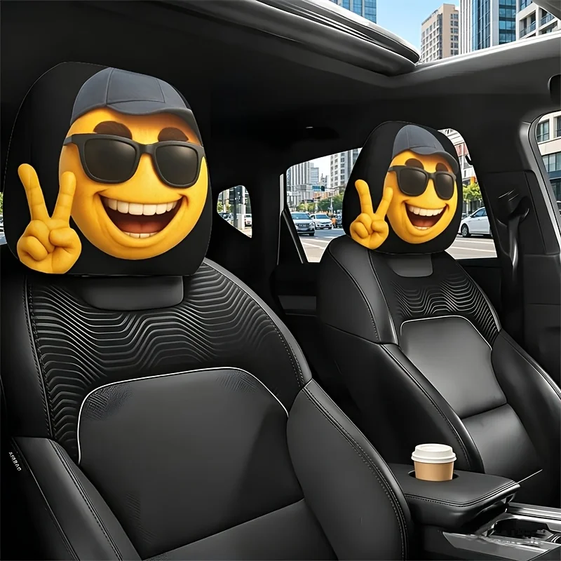 2Pcs Headrest Covers Car Funny 2Pcs Headrest Cover Halloween Yellow cartoon smiley head pillowcase 2 pieces, bean hat style,