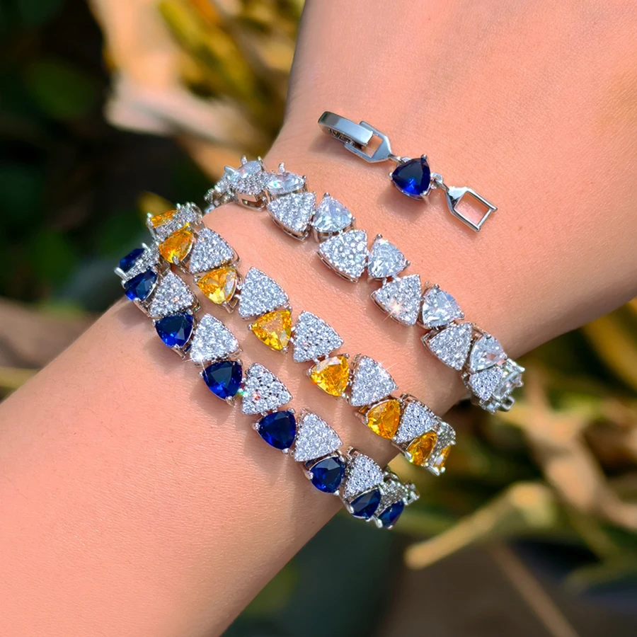 

ThreeGraces Elegant Shiny Yellow Blue Triangle Zirconia Luxury Bridal Wedding Evening Party Tennis Bracelet for Women BR411