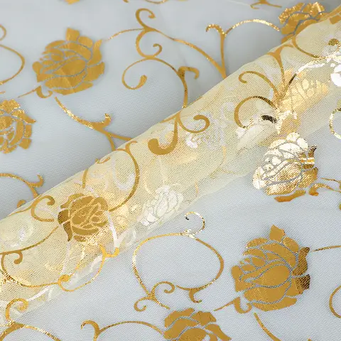New Gold Rose Nylon Swiss Mesh Gold Hot Stamping Tulle for Princess Dress Table Runner Decor Gauze Wholesale By The Yard