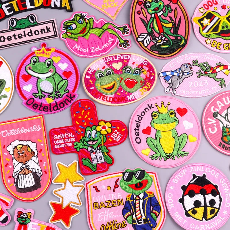 Parche bordado de rana de Carnaval de Países Bajos rosa, emblema de Oeteldonk de Países Bajos, parches bordados para ropa, parches para planchar DIY