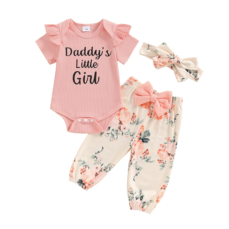 Baby Girls Summer Outfit Letter Print Short Sleeves Romper and Floral Pants Headband 3 Piece Set