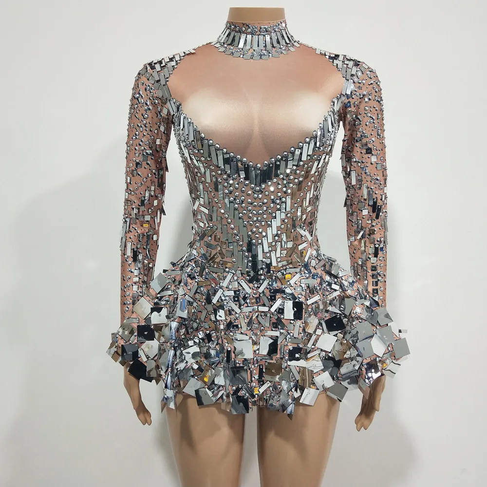 Sexy Bar Stage Performance Silver Sequins Rhinestones Bodysuit Mini Dress Women Dance Team Costume Party Show Festival Clothing