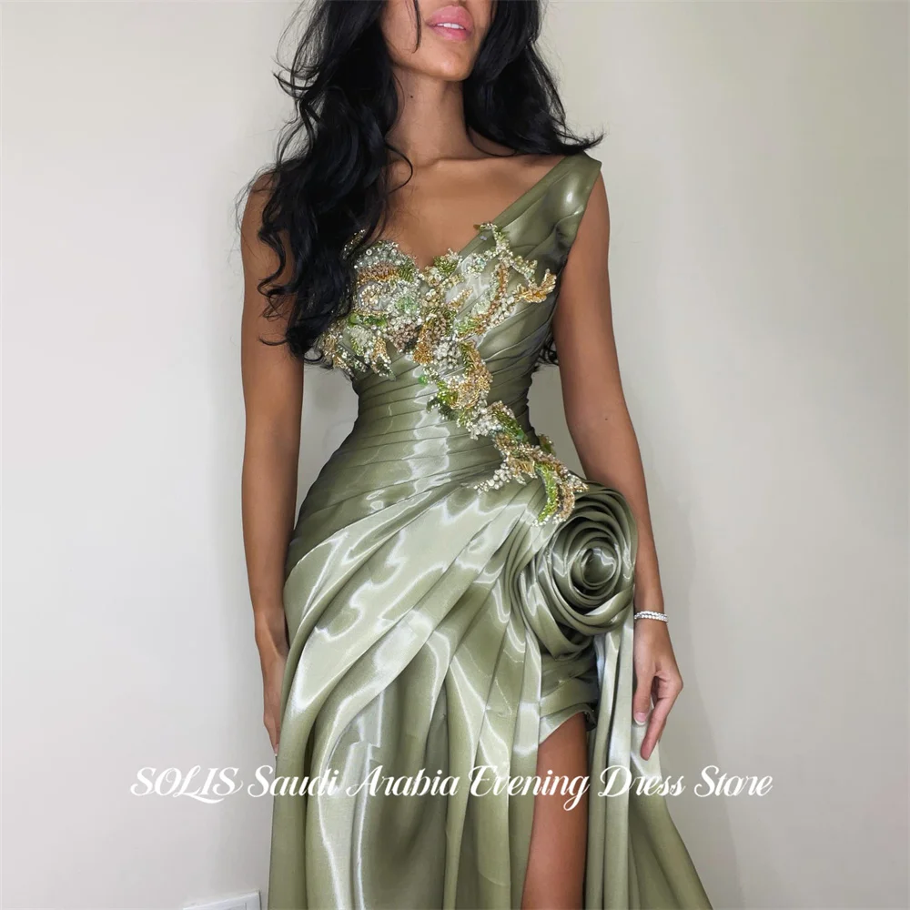 SOLIS Sage Green Party Dress One Shoulder Sleeveless Evening Dress Beading On Chest Prom Gown Big Flower فساتين سهره Customized