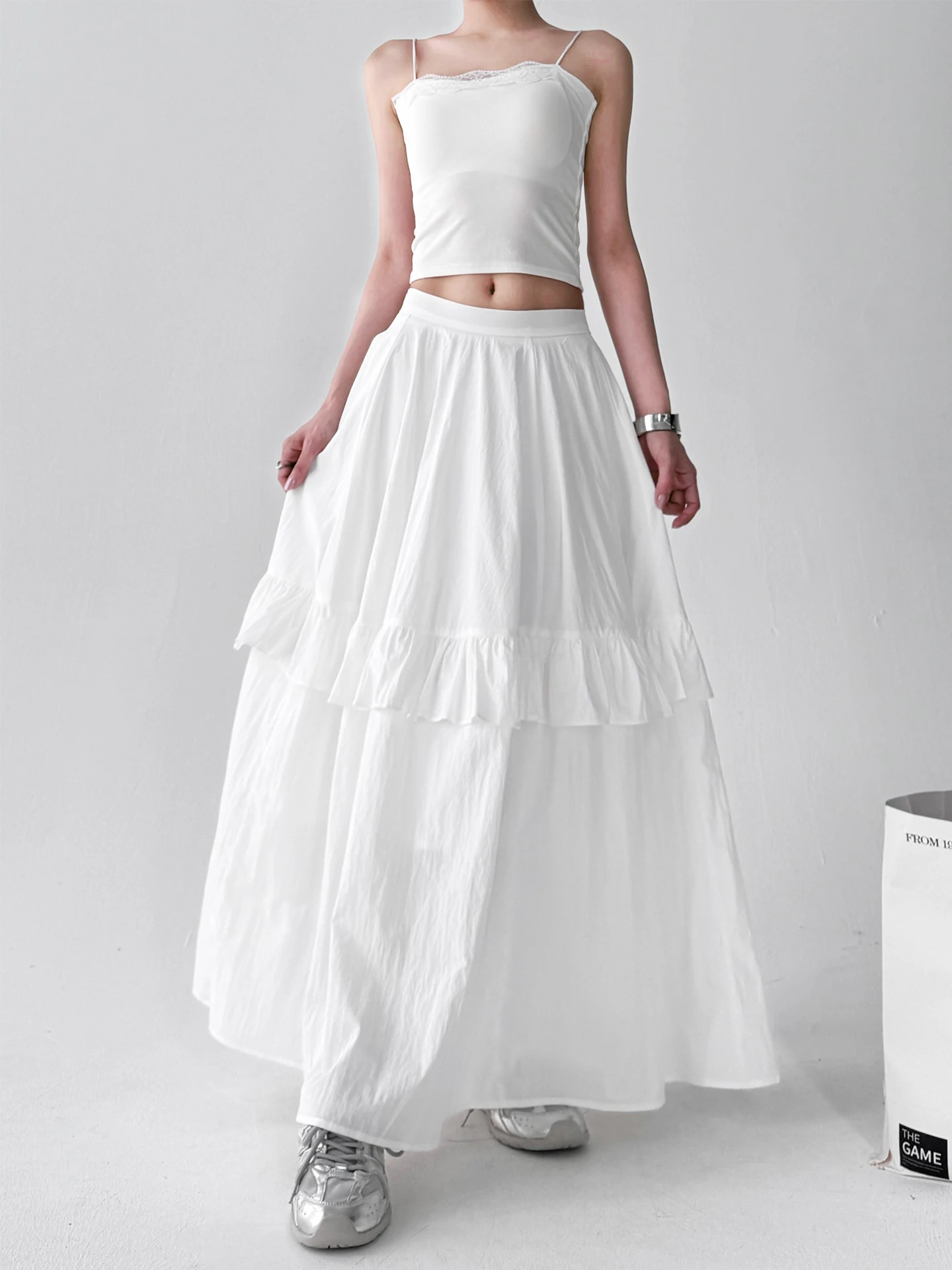 2025年夏新作 レディース ホワイト ハイウエスト スリム カジュアル ルーズ ロングスカート ケーキスカート 通勤 旅行 レジャー 学校