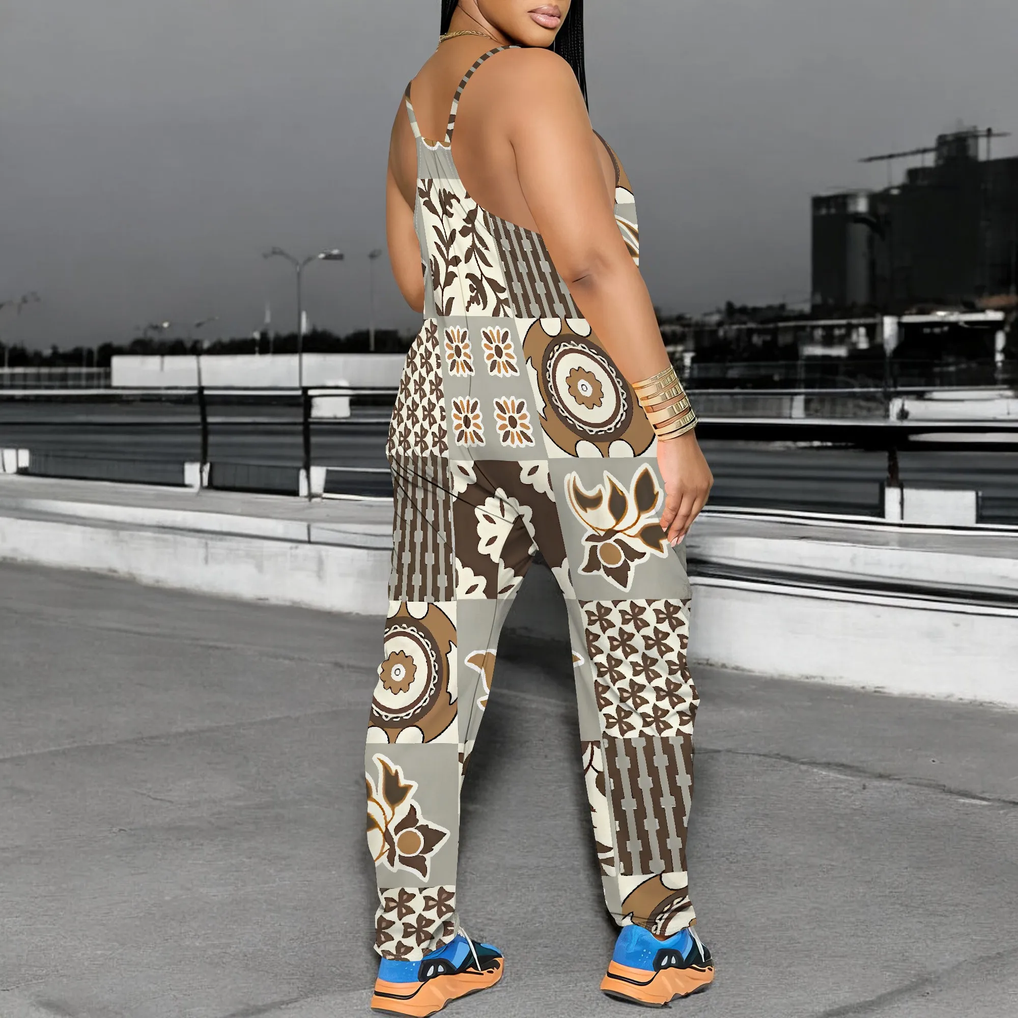 Sleeveless Patchwork Print Jumpsuit for Women Spaghetti Strap Boho Style Casual Loose Romper
