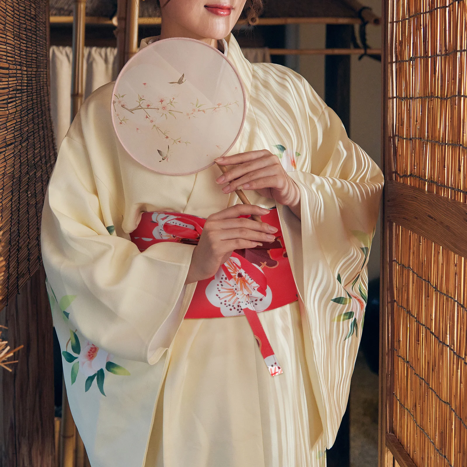 حزام يوكاتا على الطراز الياباني بنمط زهور واسع وحزام كيمونو قابل للتعديل وحزام خصر نسائي أنيق للفساتين الرسمية