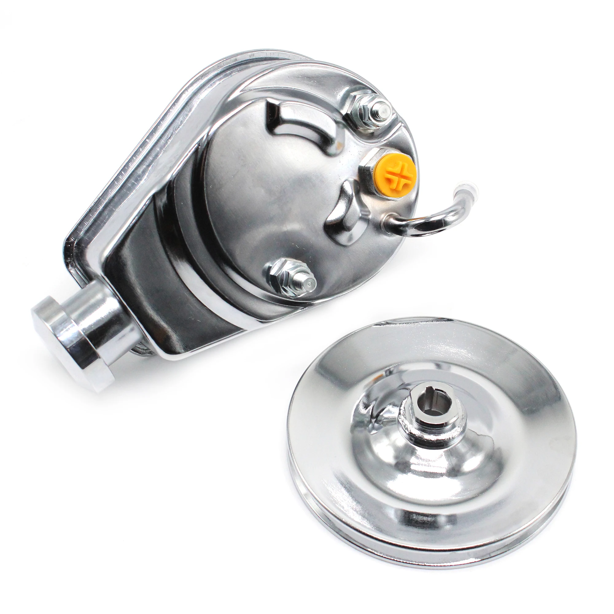 For SBC BBC Chevy Chrome Saginaw Style Power Steering Pump+Single Groove Pulley