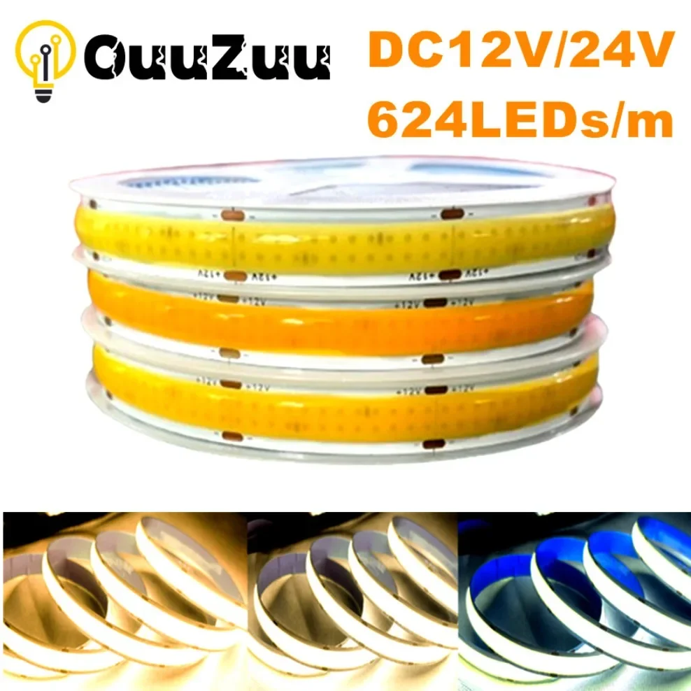 

COB LED Lights Strip DC12V/24V High Brightness Flexible FOB LED Tape Double Row 624LEDs/m RA90 3000K 4000K 6000K Dimmable Strip