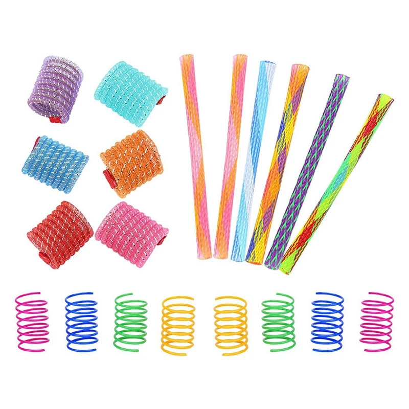 20Pcs Colorful Cat Spring Toy And Cat Stick Toy Telescopic Cat Mesh Pole Cat Jumping Toy Flexible Kitten Chew Toys