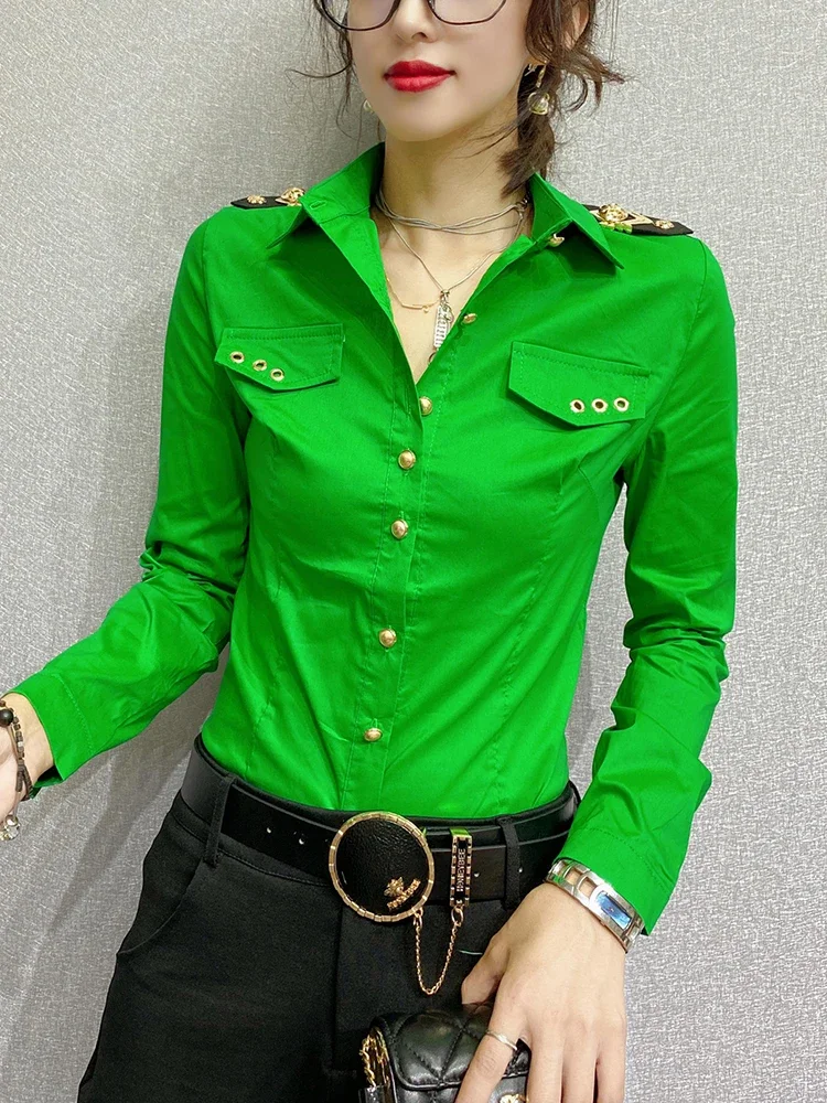 Slim Green Professional Shirt Fashion Women Green Tops  Womens Tops  Blusas Femininas Elegantes