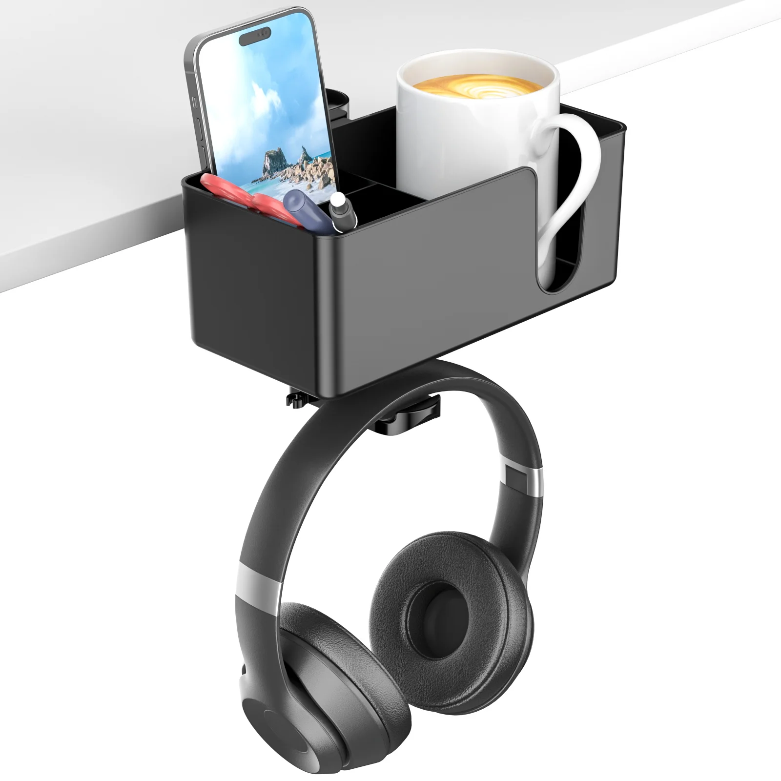 4 in 1 Desk Headphone Hanger Clamp on Under Desk Cup Holder Rotating Headphone Holder Detachable Pen Cup Holder Desk Storage