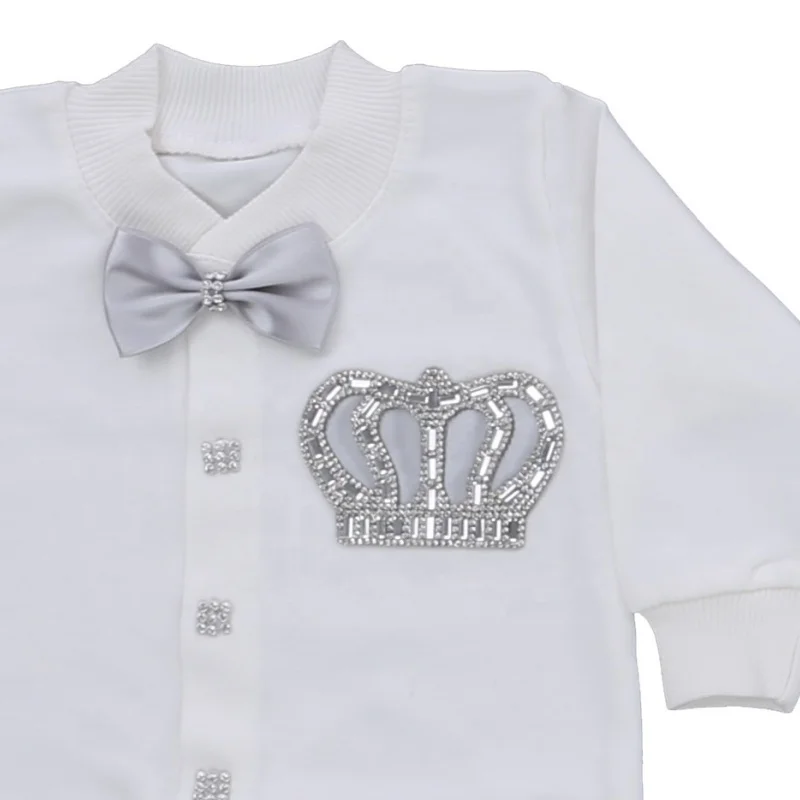 Luxury Gentleman Prince Baby Romper 0-9 Months 5Pcs Pure White Dusty Gray Satin Vest Bow Rhinestone Crown Boutique Gift