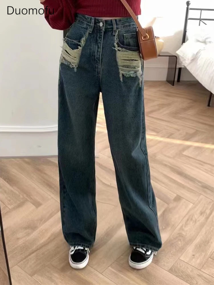 Duomofu blau schick hohe Taille schlanke lässige weibliche Jeans Frühling gewaschen Mode zerrissene Tasche einfache in voller Länge lose Frauen Jeans