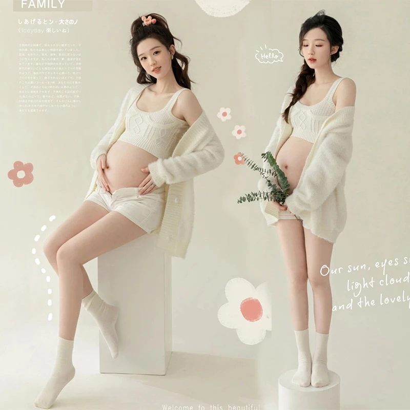 

Women Photography Props Maternity Dresses Pregnancy Knit White Tank Top Shorts Sweater 3pcs Set Studio Photoshoot Clothes Korean