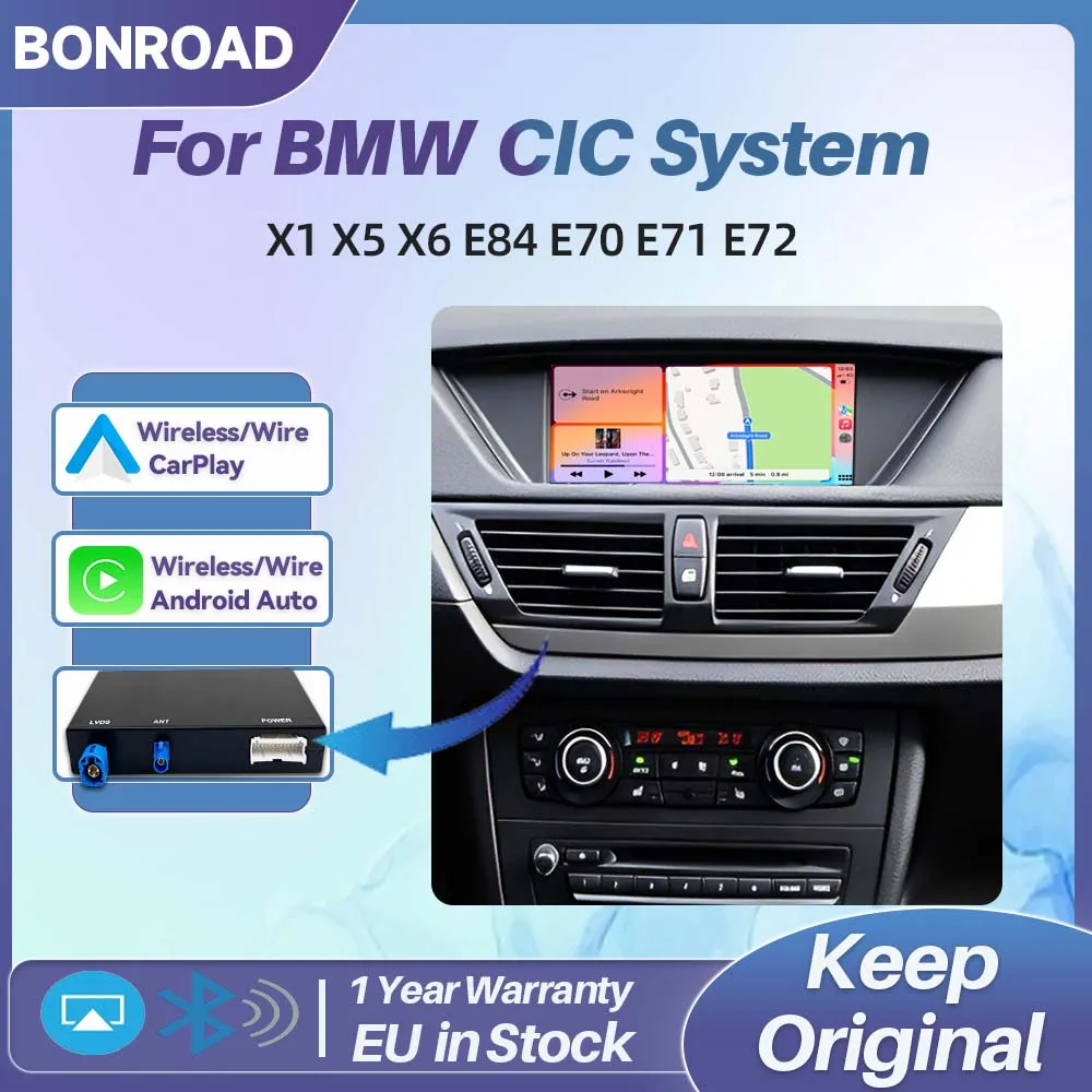 Adaptateur d'interface sans fil CarPlay Android Auto BONROAD pour BMW X1 E84 X5 E70 X6 E71 E72, système CIC d'origine, CarPlay sans fil, AirPlay, Mirror Link, module multimédia USB, décodeur, prise en charge de la navigation, Spotify, musique Bluetooth