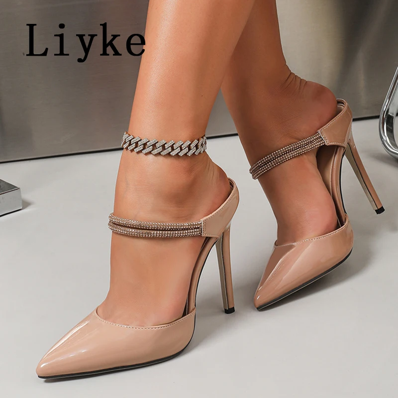 

Liyke Spring Summer Designer High Heels Mules Shoes Women Pumps Sexy Pointed Toe Rhinestone Strap Sandals Lady Stiletto Slippers