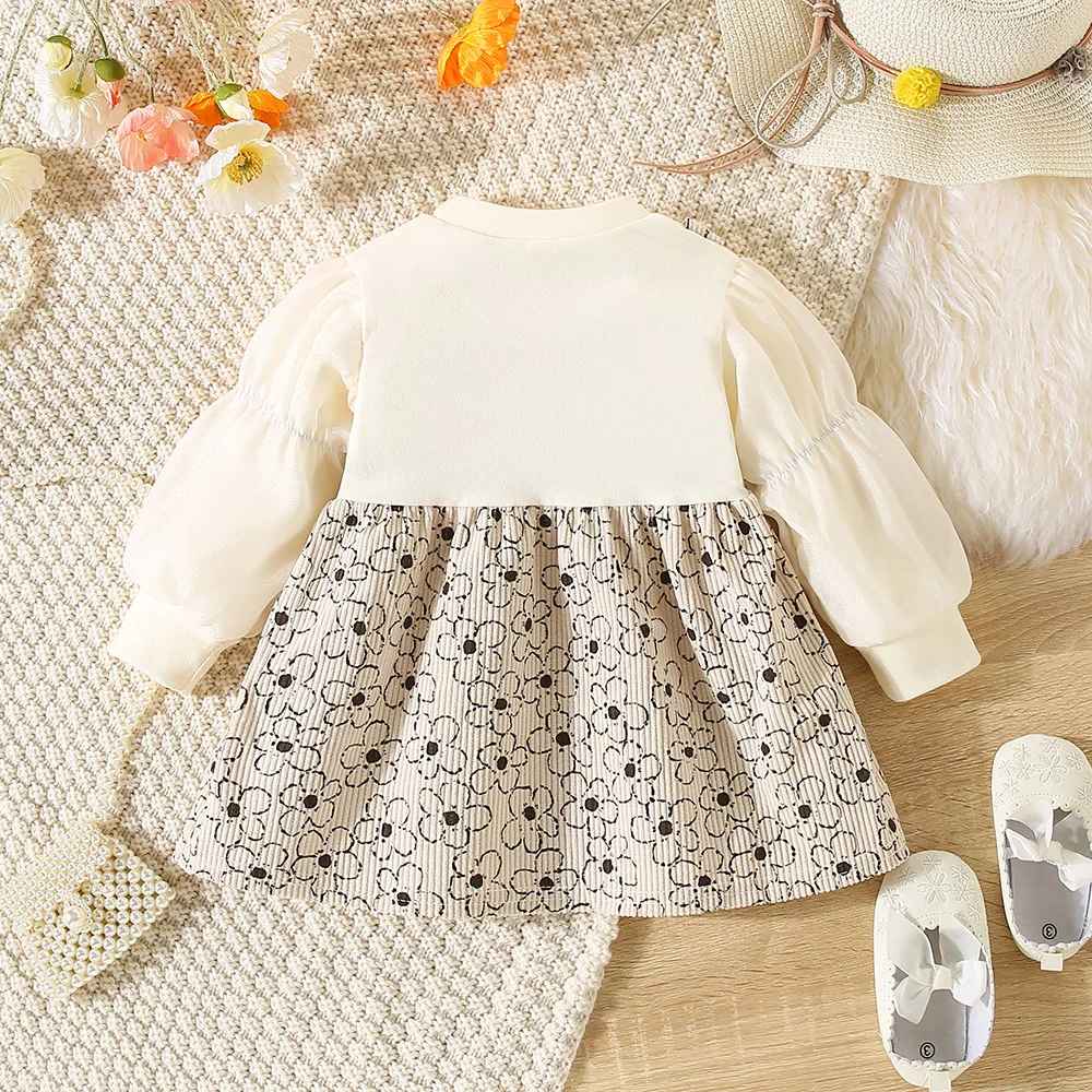 Autumn New Girl\'s Flower Printed Splicing Long Sleeve Strap Skirt Baby Girl Korean Version Dress Fake Two Piece