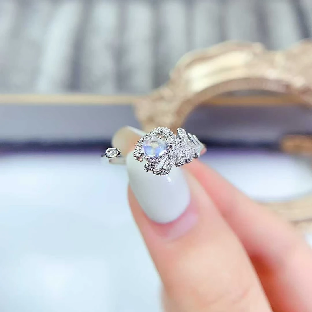 

925 silver feather ring natural moon stone ring 3mm*4mm genuine moon stone jewelry birthday gift for women